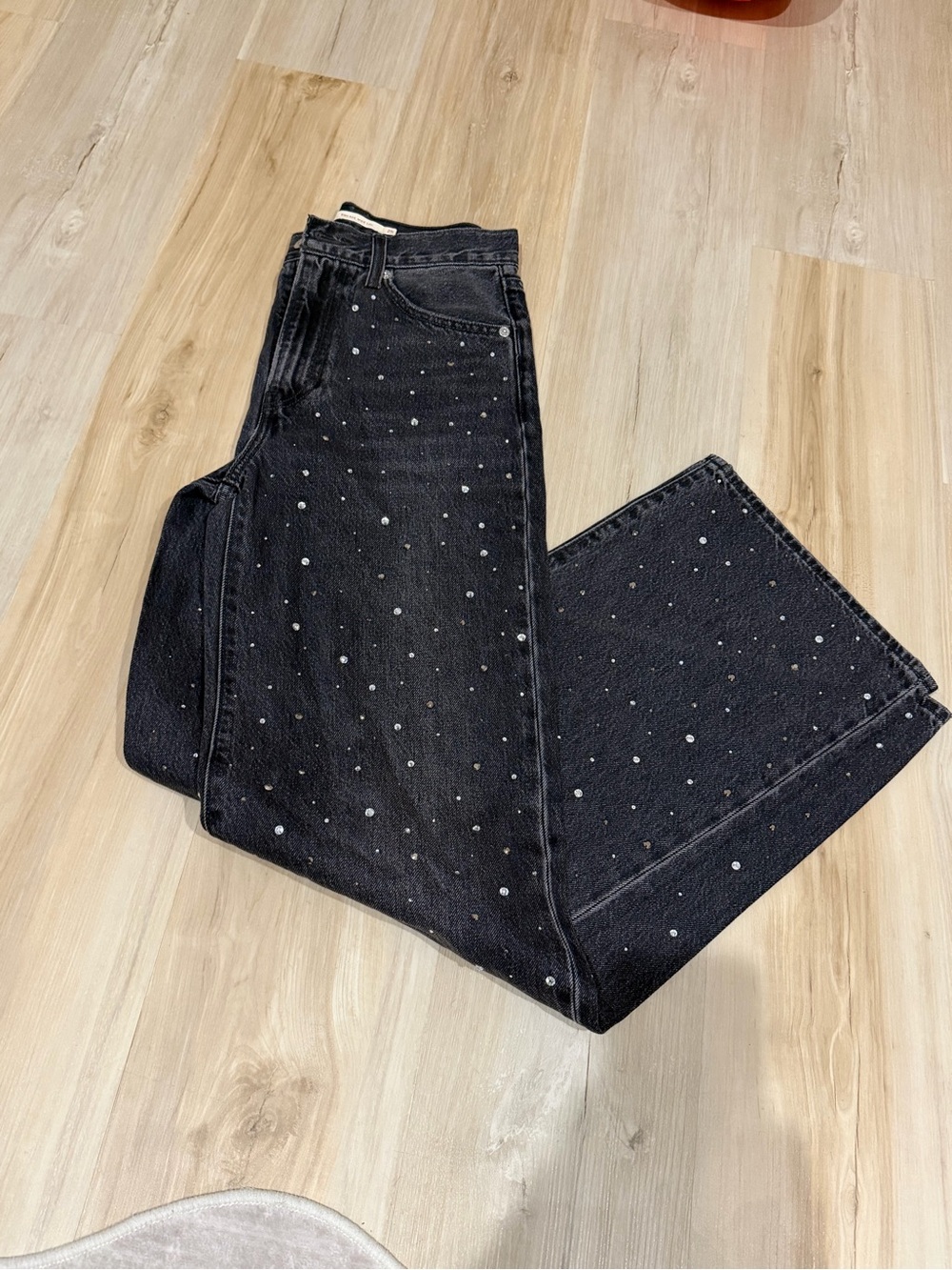 Black Women's High-Waist Straight Jeans with Silver Stud Detail